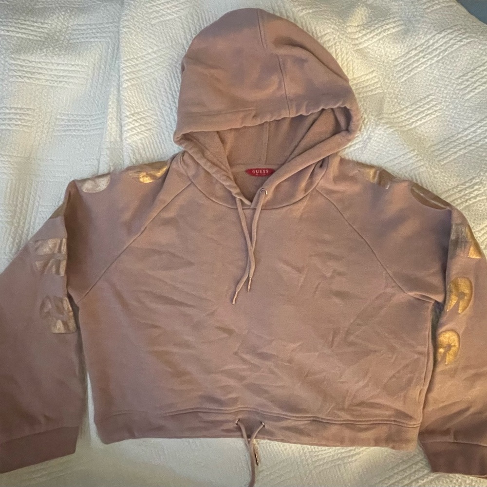 Y2K Guess Women’s Large Pink Cropped Hoodie with Gold/Rose Gold Accents